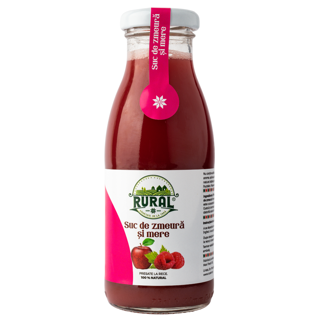 Suc de Zmeură și Mere 100% Natural, Fără Zahăr Adăugat, Vegan, Fără Lactoză și Gluten 250ml
